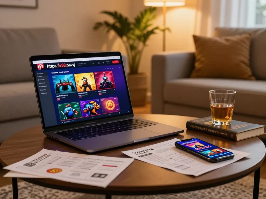 Engaging online gaming scene at https://rr88.navy/ with a cozy setup showcasing laptop gameplay and betting notes.