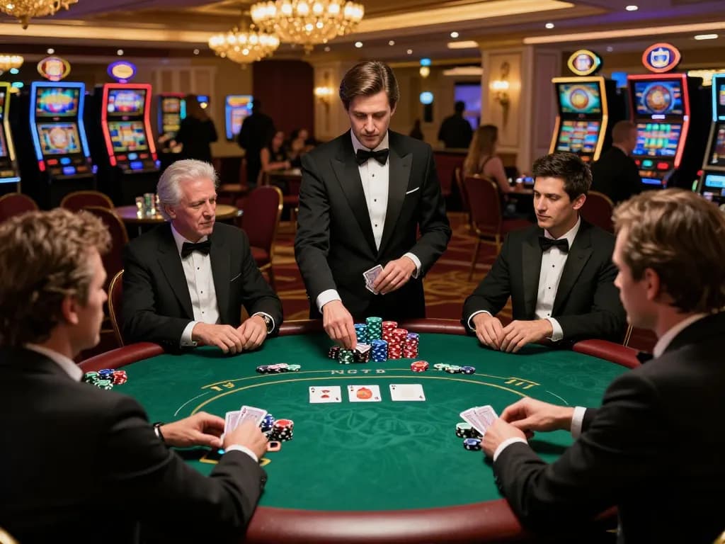 tg88 players strategizing in a high-stakes poker game at a luxurious casino table
