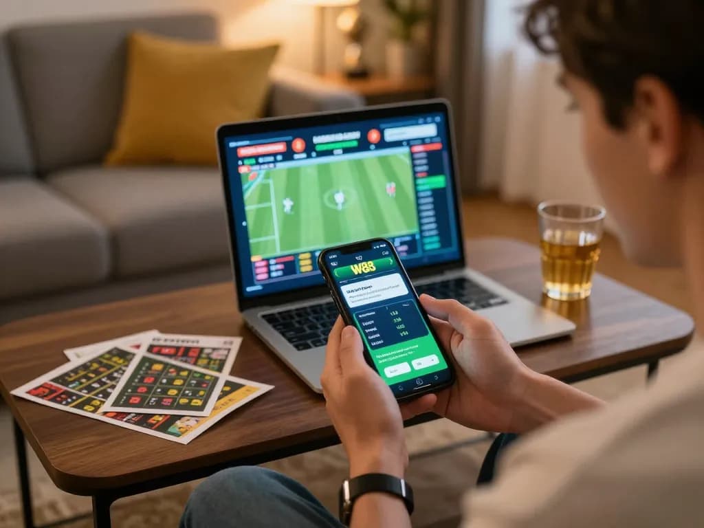 Engaging in live sports betting on W88 app while relaxing at home with warm ambiance