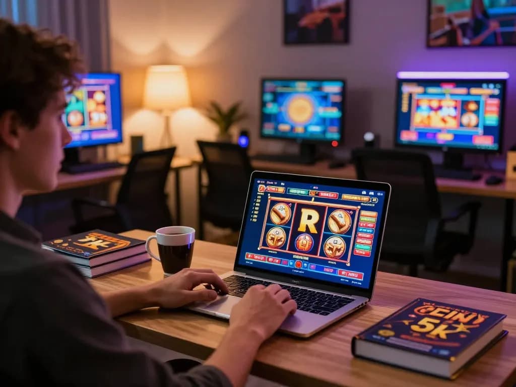 Engaging with slot 5k online casino game in a cozy home setup with warm lighting