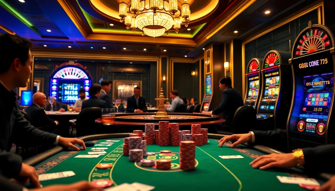 Players enjoying a thrilling poker game at GG88 casino in a luxurious setting.