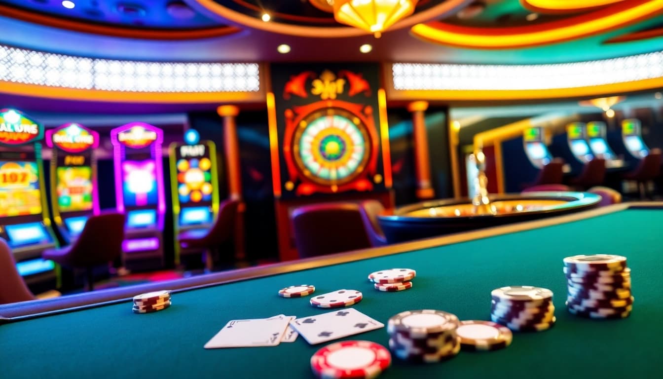Engaging 3Dbet casino table scene displaying poker chips and cards for an exciting gaming experience.