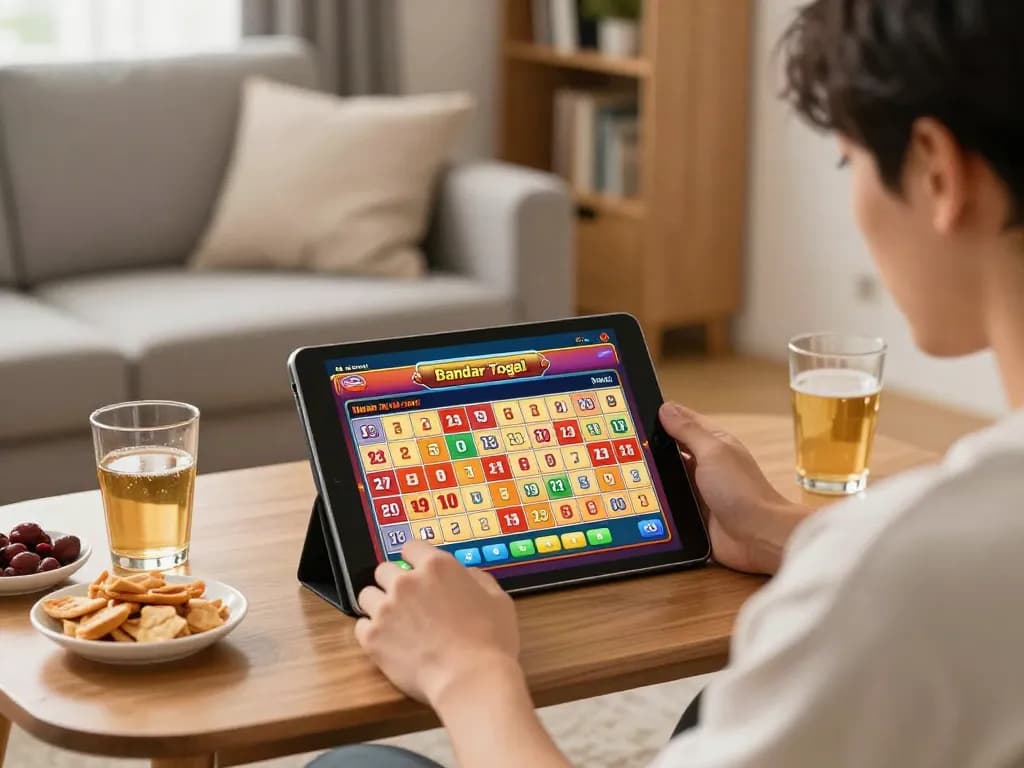 Player enjoying bandar togel online on tablet in cozy home atmosphere with warm lighting and snacks