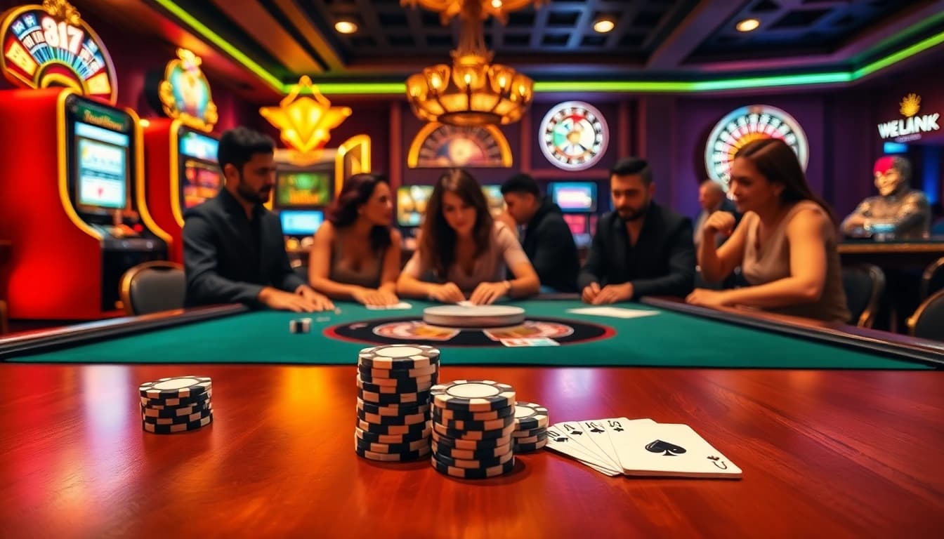 Players strategizing at a high-stakes poker table at S8 casino, exuding excitement and luxury.