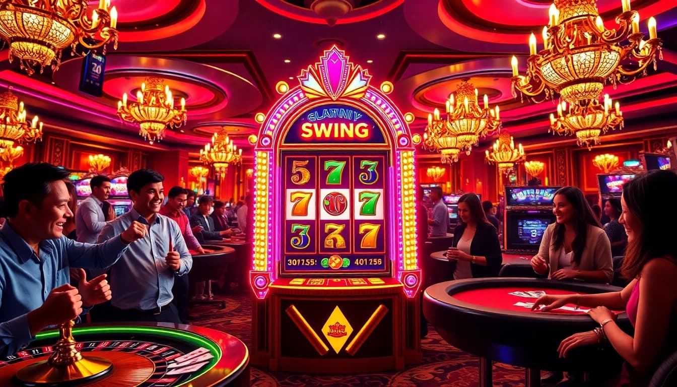 Excited players at the slot888 machine enjoying the thrill of gambling in a glamorous casino.