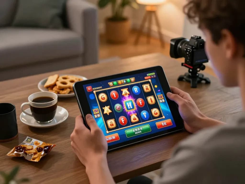 Player engaging with nk88mvp slot game on tablet, dynamic graphics and cozy home atmosphere.
