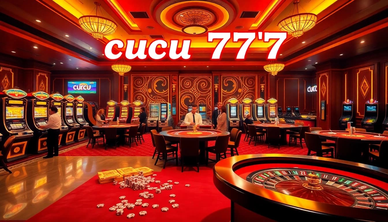 Players enjoying the thrill of cucu 777 at a vibrant casino with tables and slot machines.