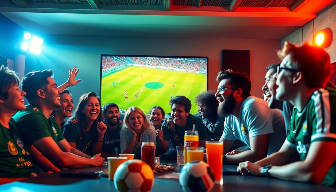 Enthusiastic fans watching a live soccer match on https://socolive.com.co/ in a vibrant atmosphere, enjoying the game.