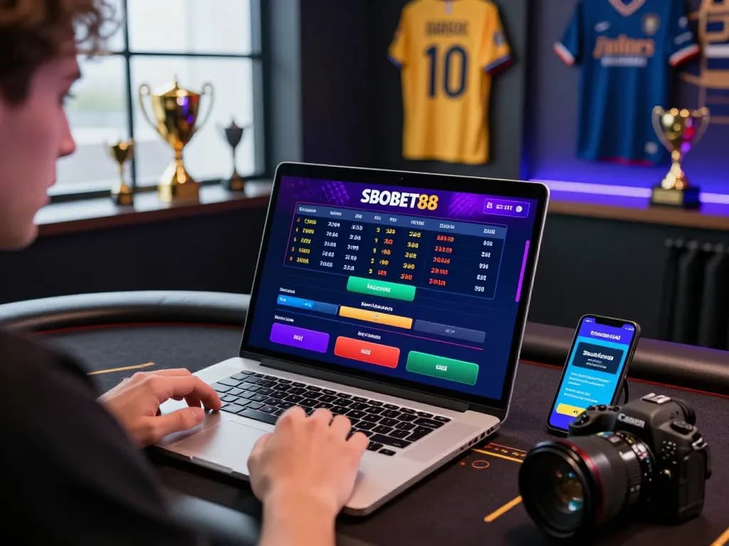 SBOBET88 user placing bets on a laptop surrounded by sports memorabilia in an exciting gaming atmosphere.