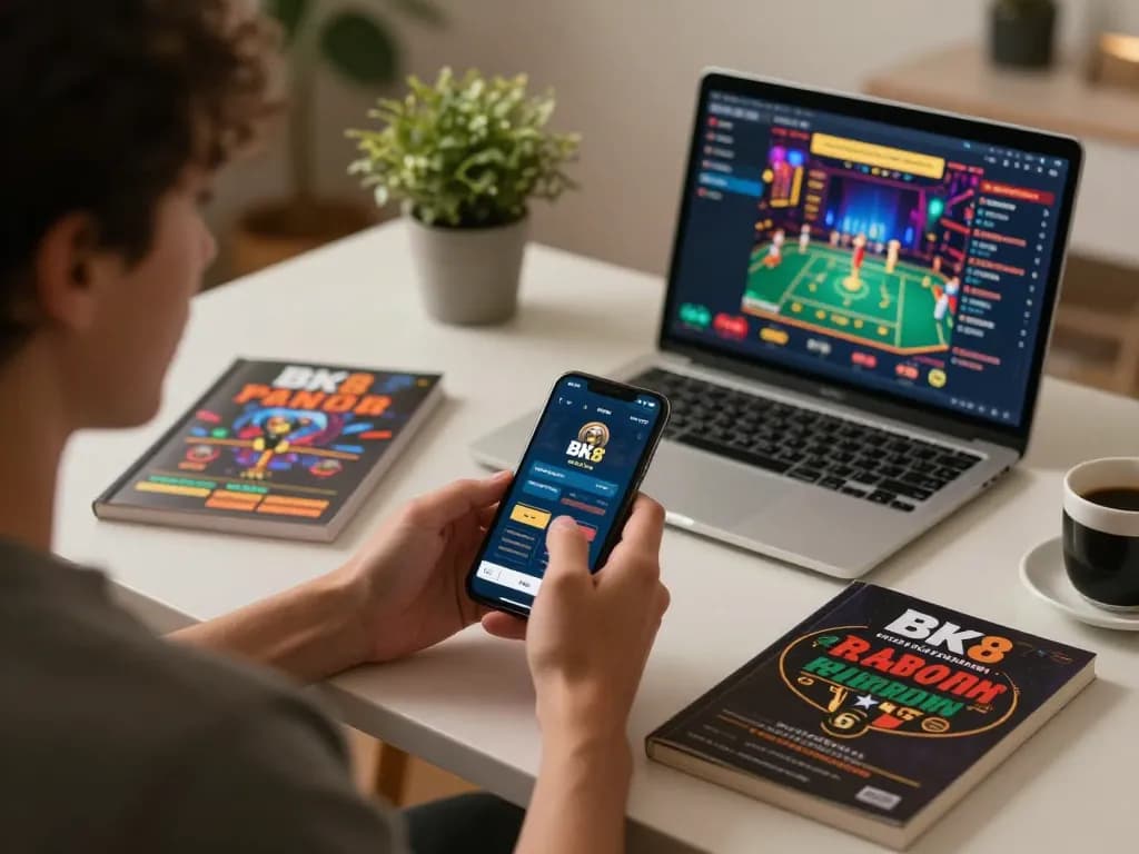 Engaging with the BK8 app on a smartphone while enjoying comfortable home gaming.