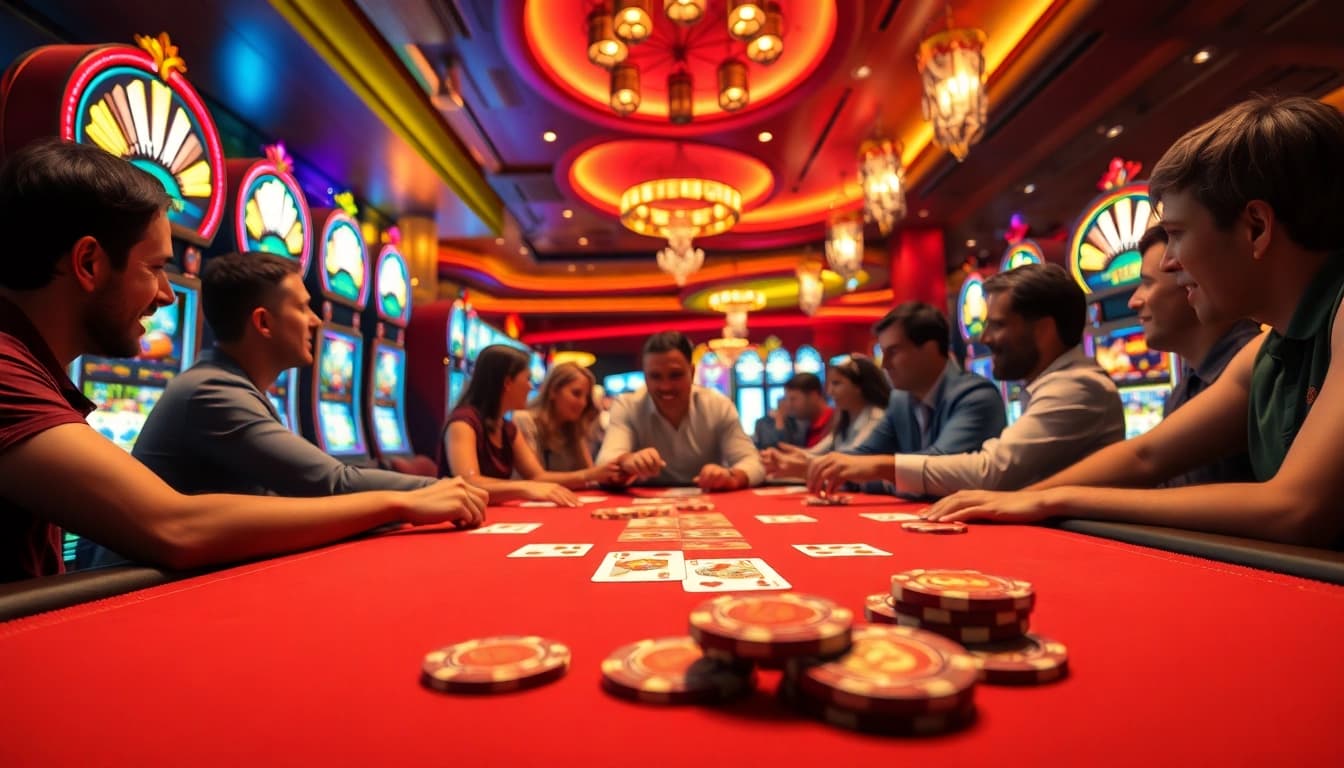uvip娛樂 players enjoying an exciting card game at a vibrant casino table with colorful slots.