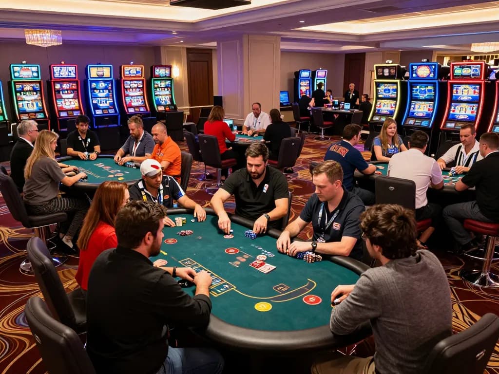 FC88 casino atmosphere showcasing active poker tables and vibrant players engaging in thrilling gameplay.