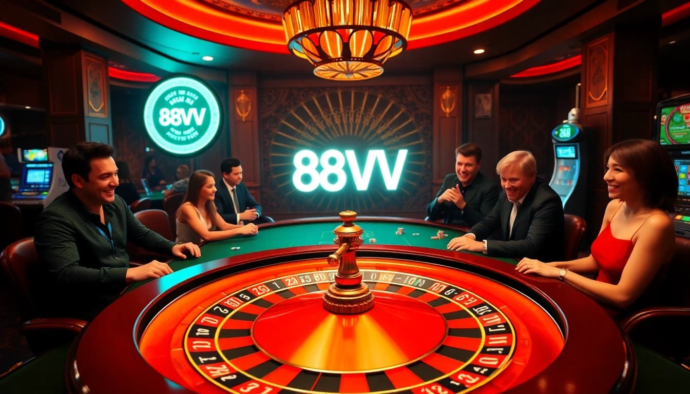 Excited players engaging in a vibrant casino atmosphere at 88vv.