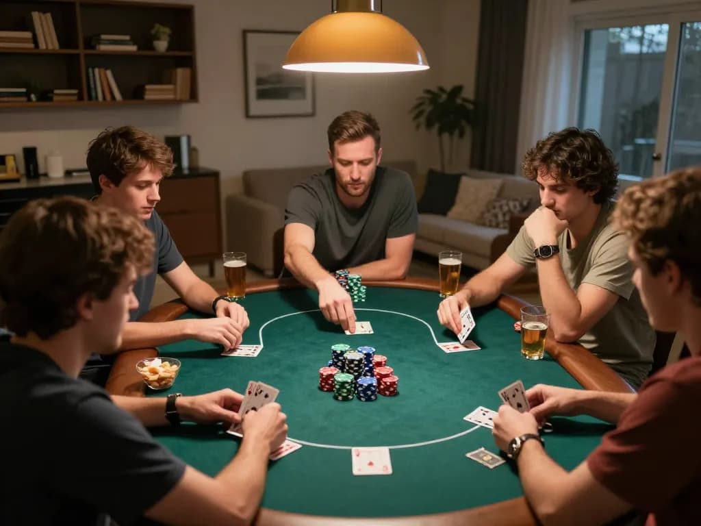 Players engaging in a thrilling poker game at home, showcasing nk88 strategy and camaraderie