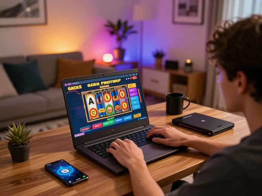 Player enjoying slot gacor games on laptop in cozy home environment with modern decor