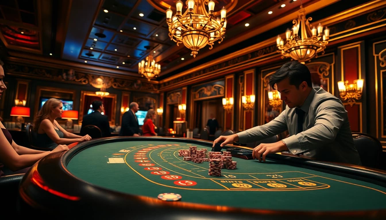 Experience the thrill of AT99娛樂 with an elegant casino gaming table featuring vibrant chips.