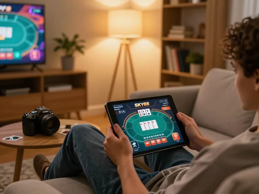 Engaging in immersive online gaming on SKY88 app from a cozy home setup.
