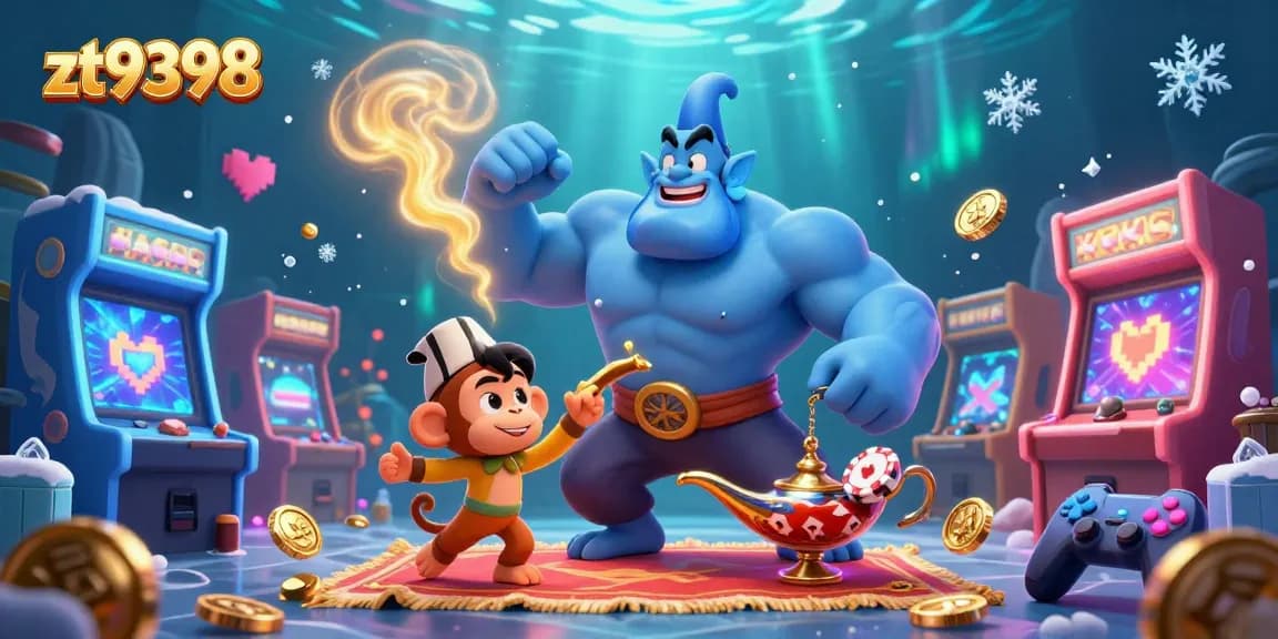 Experience the excitement of zt9398 with a scene featuring a genie, a monkey, and poker chips in a colorful casino setting.