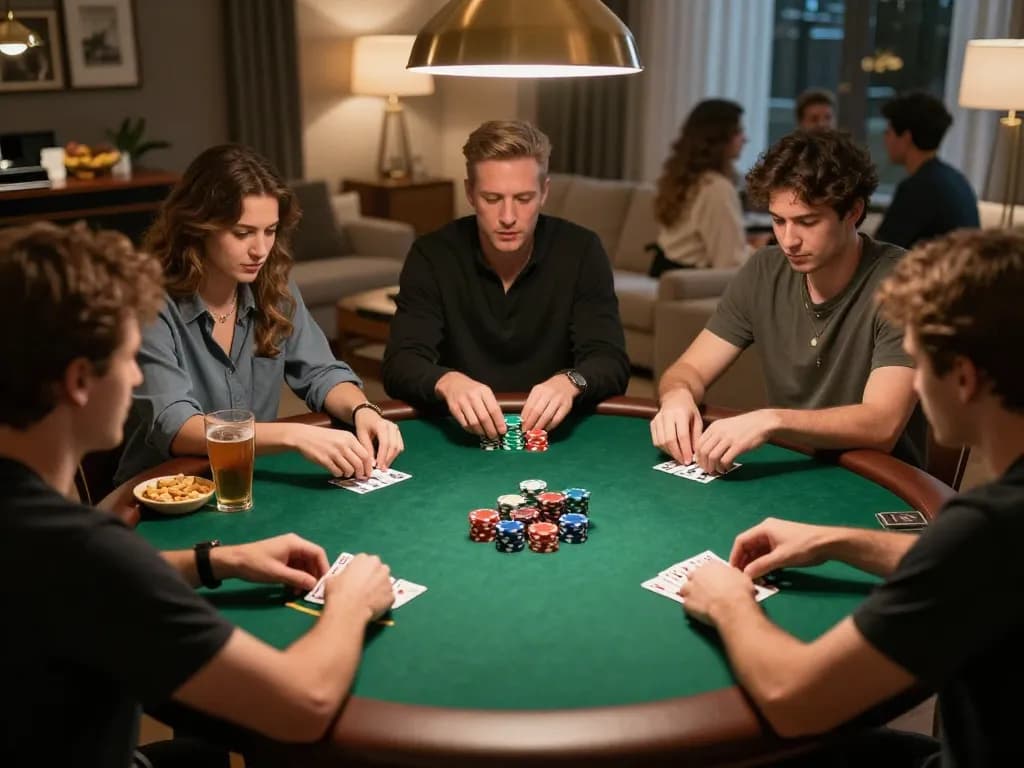 Pemain yang terlibat sedang merancang strategi di meja poker rumahan, menampilkan hiburan TEPAT88.