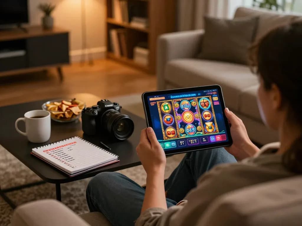 Engaging in online gaming at god55 with a cozy home atmosphere, strategic betting notes visible.