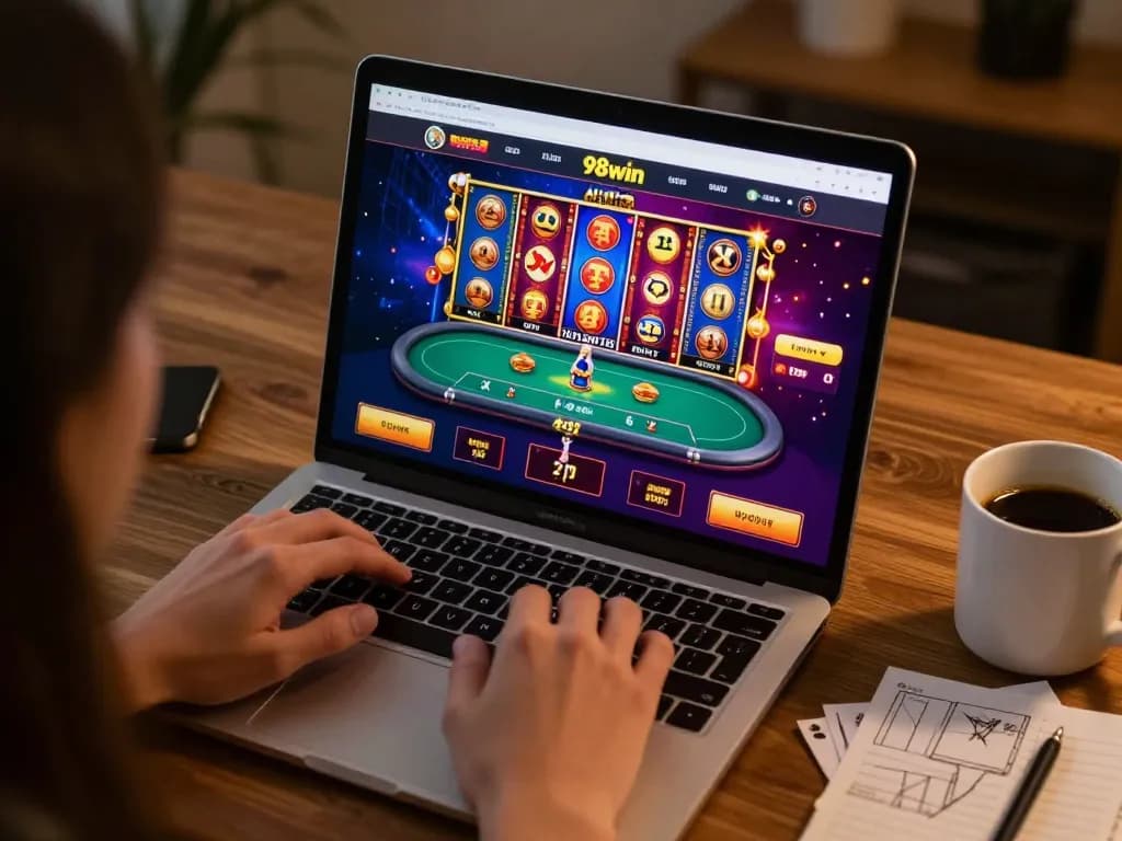 Online gaming session at home with 98win, showcasing engaged gameplay on a laptop.