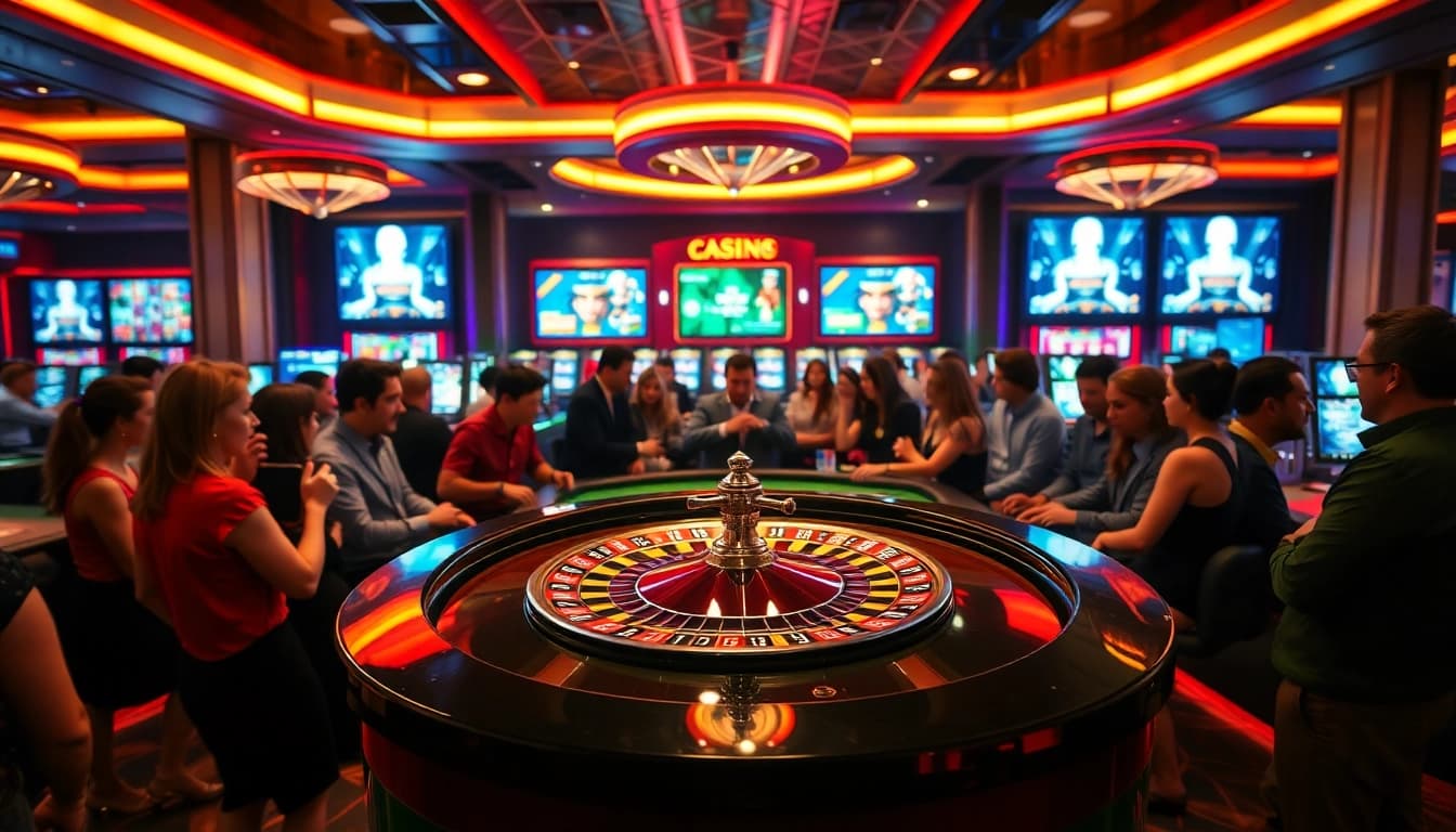 Betrupi Giriş ile alakalı, heyecan dolu casino atmosferinde oyuncuların rulet masasında bahis yaptığını gösteren bir görüntü.
