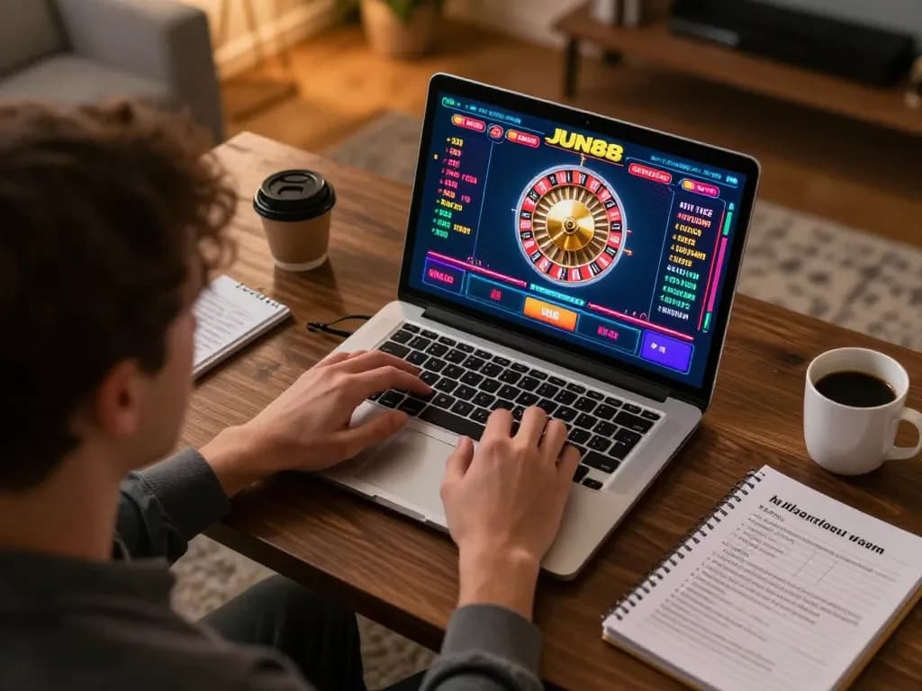 Player engaging with live dealer roulette on JUN88, showcasing modern home gaming setup.