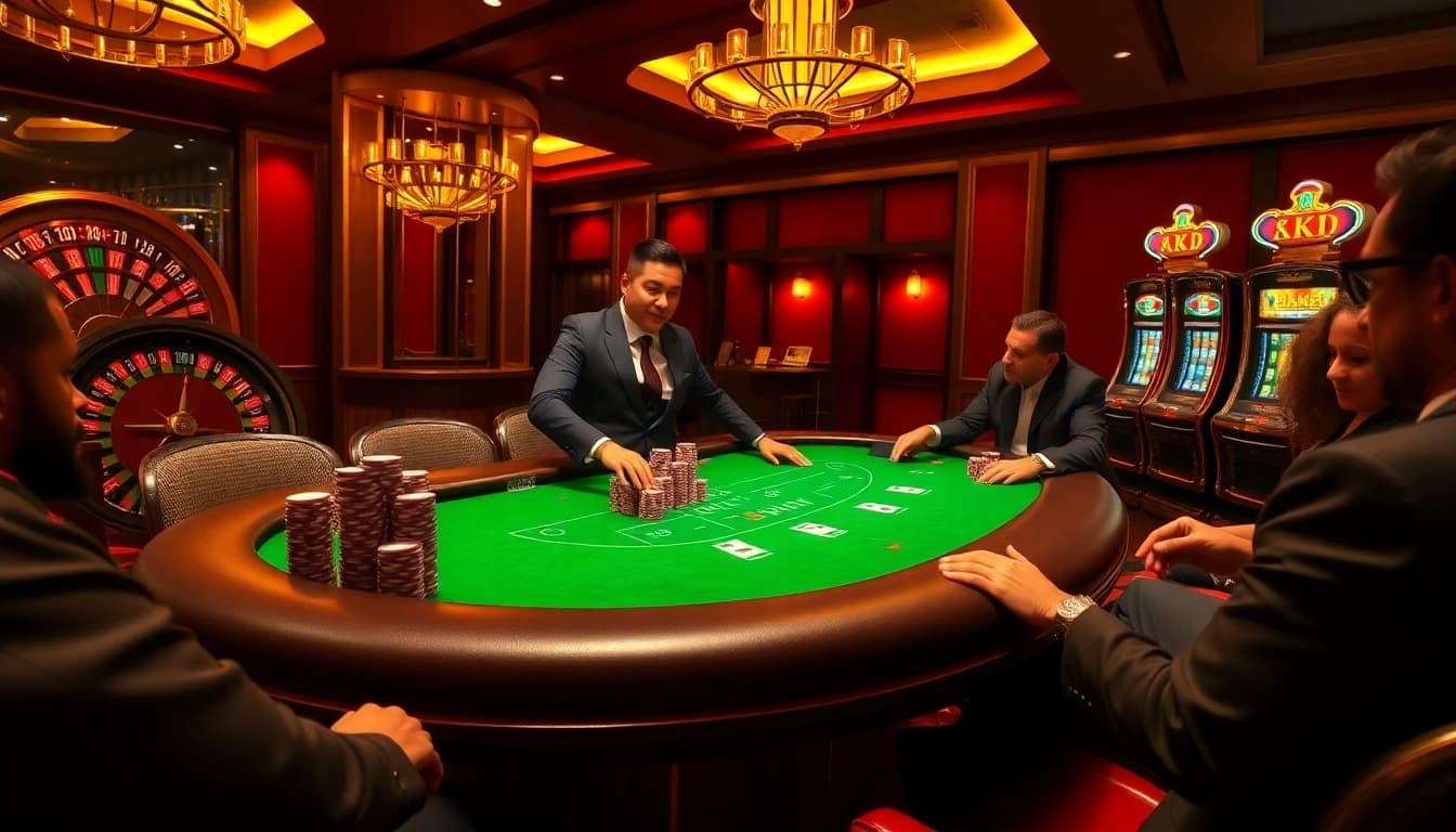 Engaging players at a high-stakes poker table in a lavish casino atmosphere representing 33WIN.