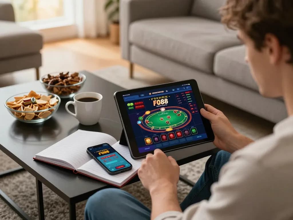 Player using FO88 app on tablet for online poker in a cozy living room setting