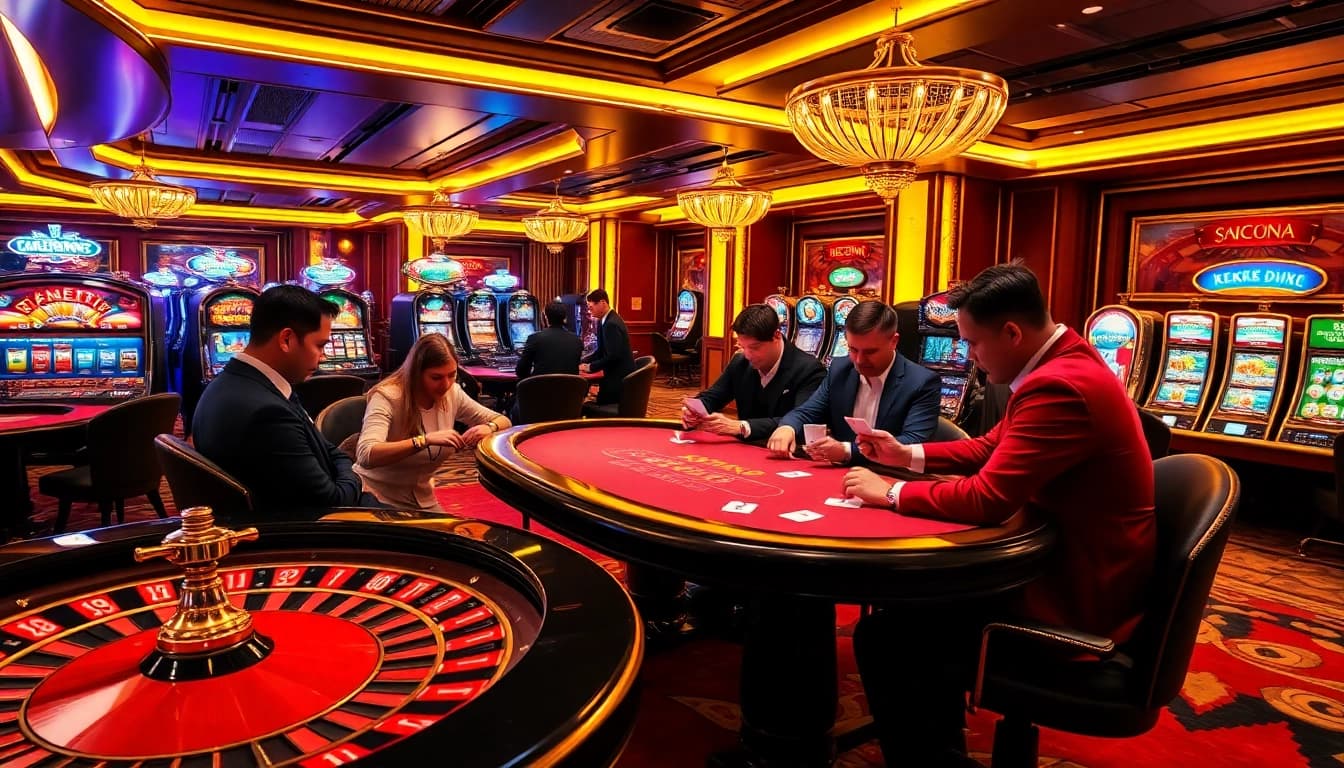 Excitement around the K9K9 game featuring players at a poker table and a roulette wheel.