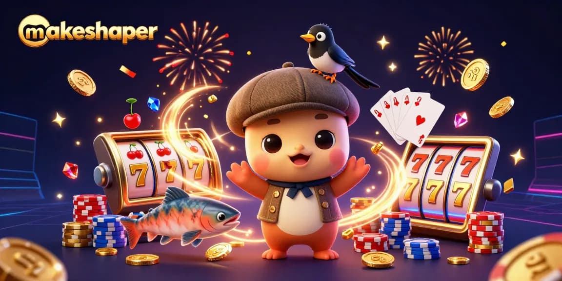Spin for wins with makeshaper's vibrant 3D casino scene featuring playful characters and golden slot elements.