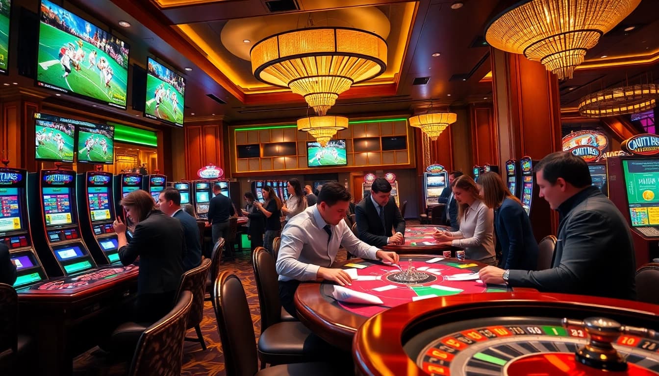 Situs Judi Bola betting scene with vibrant casino atmosphere and excited bettors in action.
