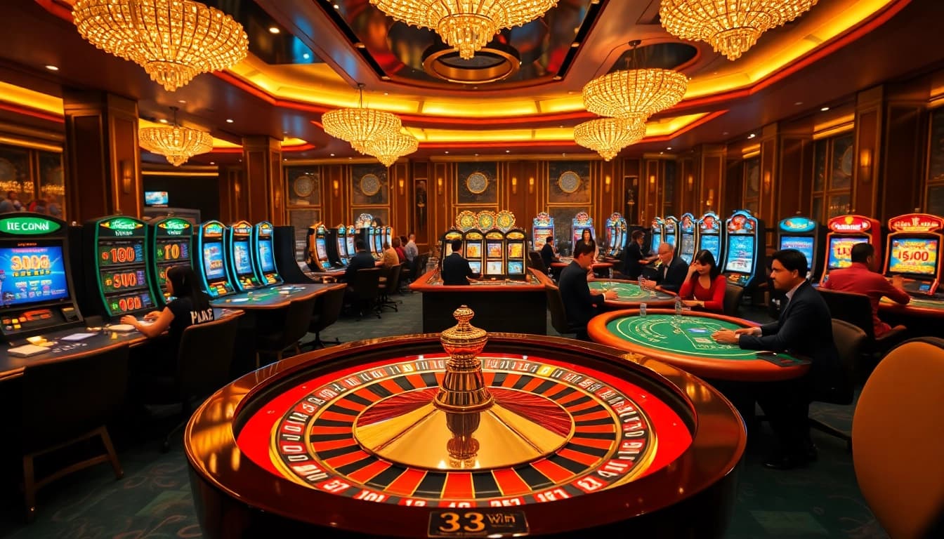 Experience the excitement of 33win, featuring vibrant casino tables, roulette wheels, and winning players.