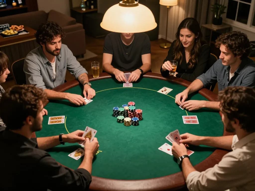 O8 players enjoying a friendly poker game in a warm home environment with drinks and upscale decor.