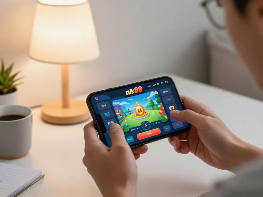 Engaged player exploring nk88 casino app on smartphone in a cozy home setting