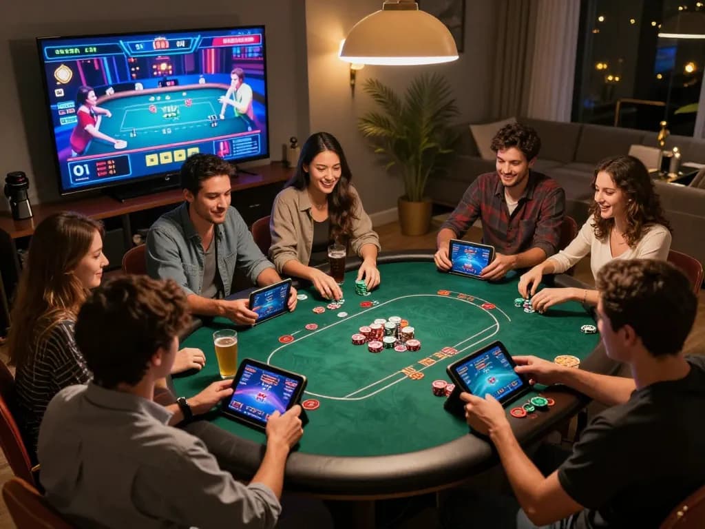 Friends enjoying a thrilling poker game on TR88, showcasing virtual interface and social atmosphere.