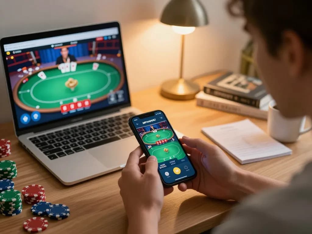 Engaged player using MPOSPORT app on smartphone for online poker gaming.