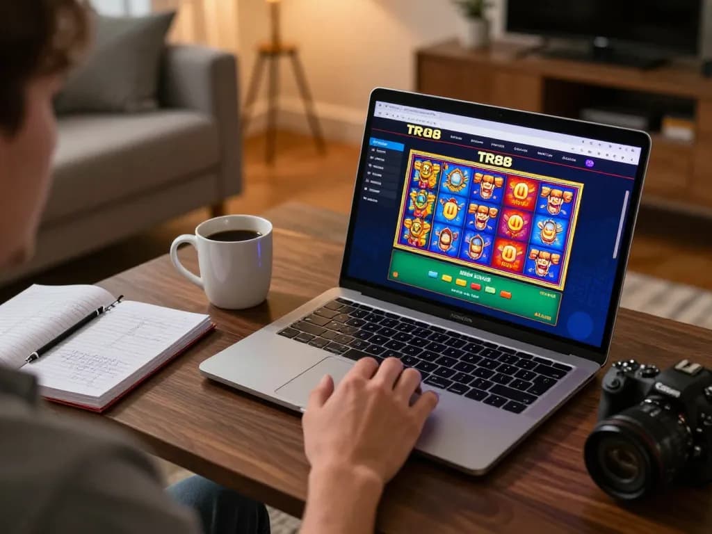 Player enjoying TR88 online gaming on a laptop, engaging with live dealer games and slot machines