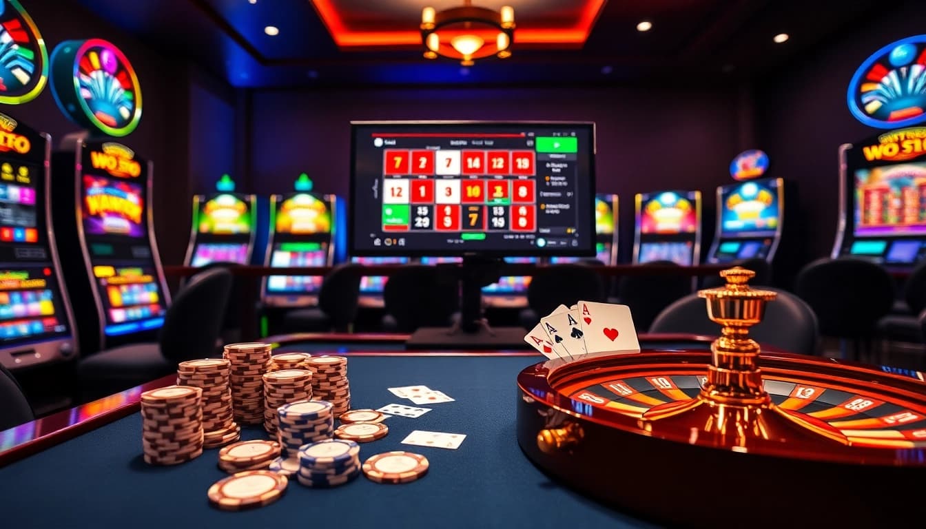 Experience thrilling casino action at https://ek333pro.com/ with vibrant gaming elements like poker chips and roulette wheels.