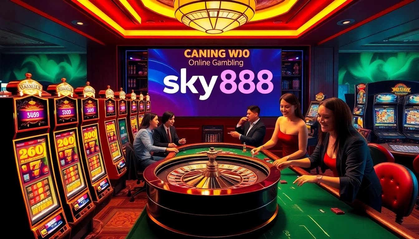 Players enjoying a thrilling sky888 casino experience with slot machines and roulette tables.