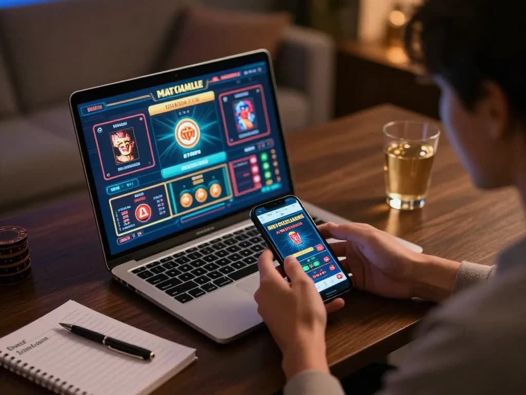 Engaging online gaming experience showcasing Best Non-AAMS casinos with a person using a laptop and smartphone.