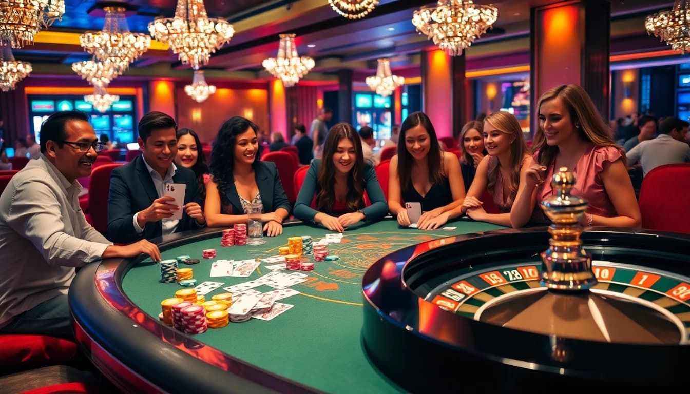 SODO casino scene featuring vibrant gaming tables, players, and a spinning roulette wheel.