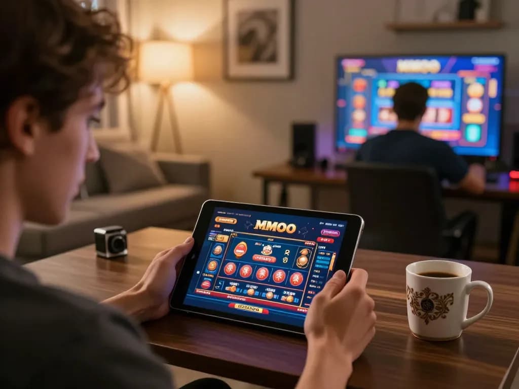 Engaged player using tablet for MMOO online gaming experience, showcasing vibrant game interface in cozy home
