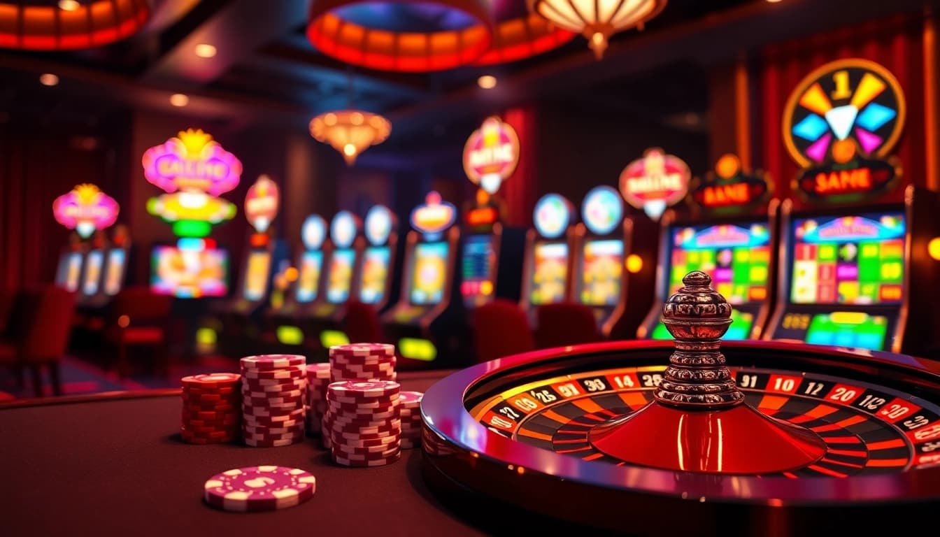 Experience thrilling slot gacor action with vibrant casino visuals featuring roulette, poker chips, and slot machines.