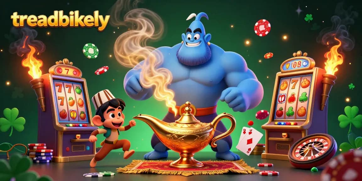 Engage with treadbikely's vibrant casino world showcasing a blue genie, magic carpet, and poker chips.
