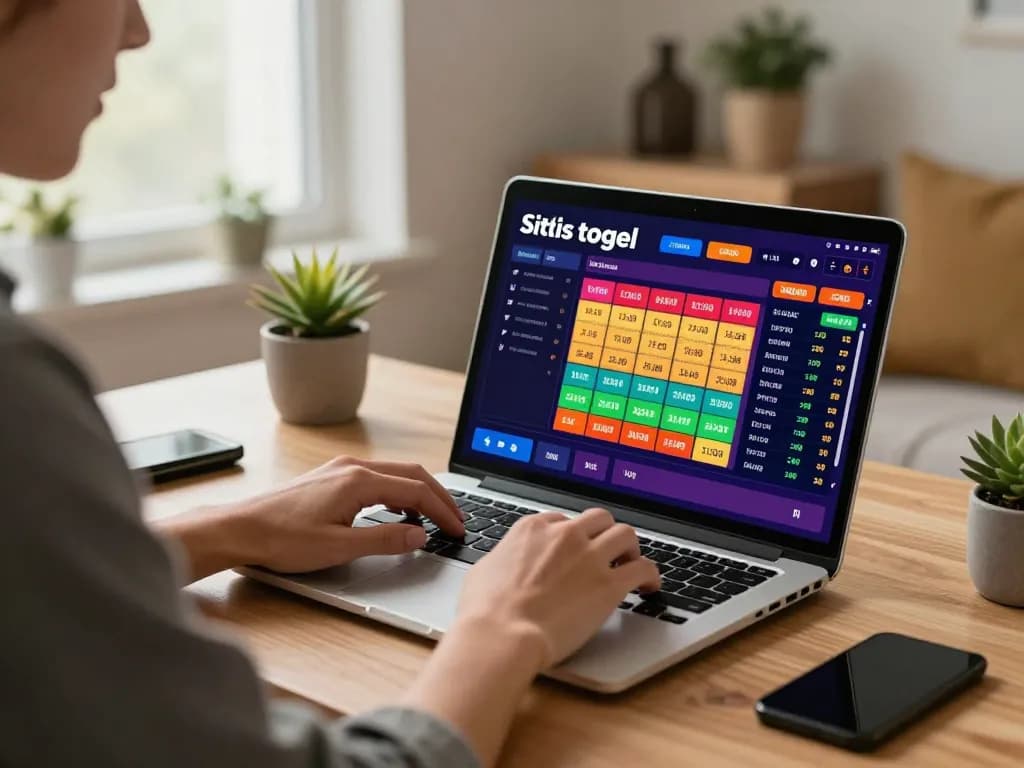 Engaging gameplay on situs togel website displayed on a laptop with warm home ambiance.