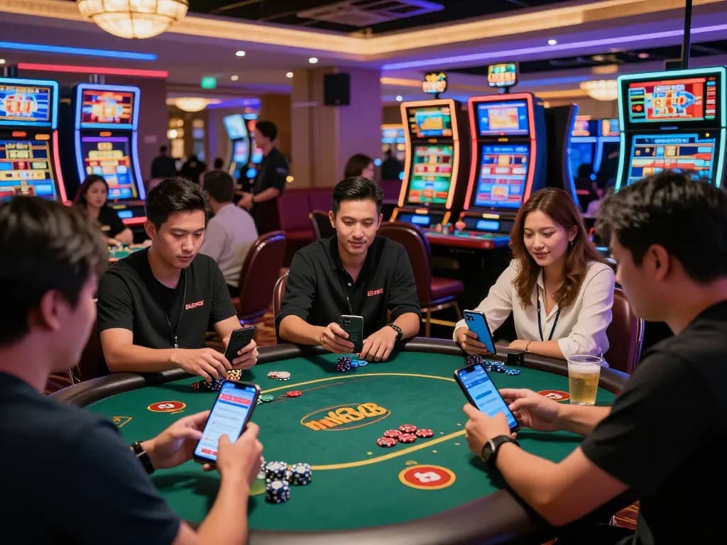 Engaging players enjoying games at nk88.com in a vibrant casino setting, showcasing mobile applications and lively atmosphere.