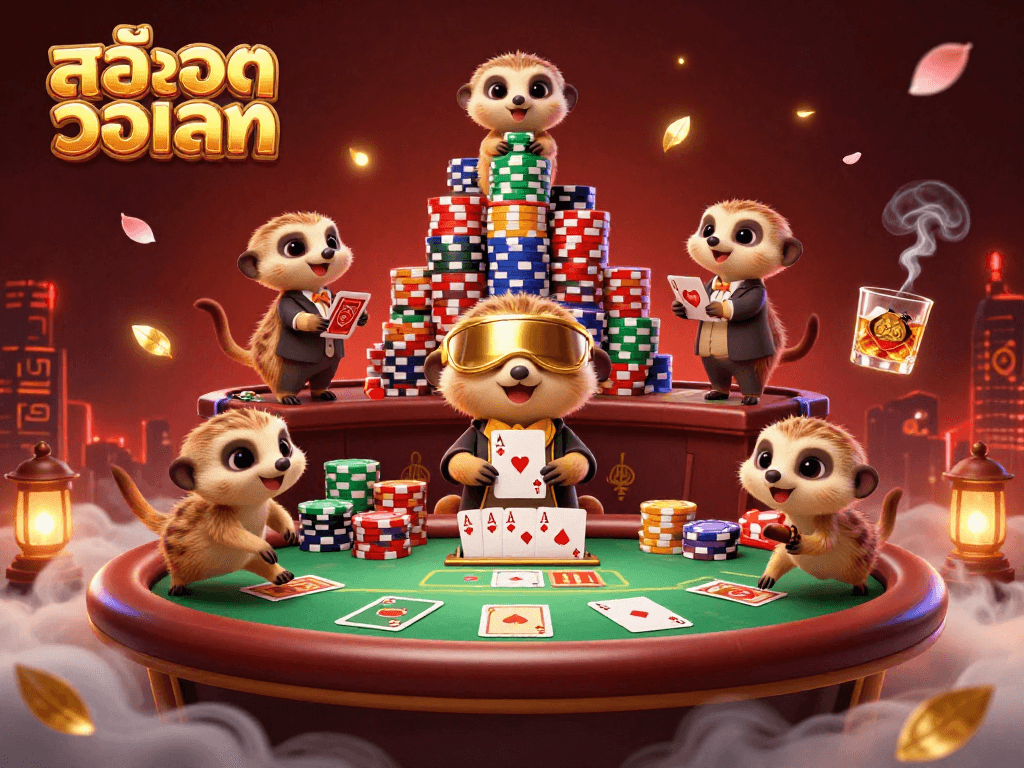 Experience the excitement of สล็อตวอเลท with this dynamic scene of meerkats managing a casino.