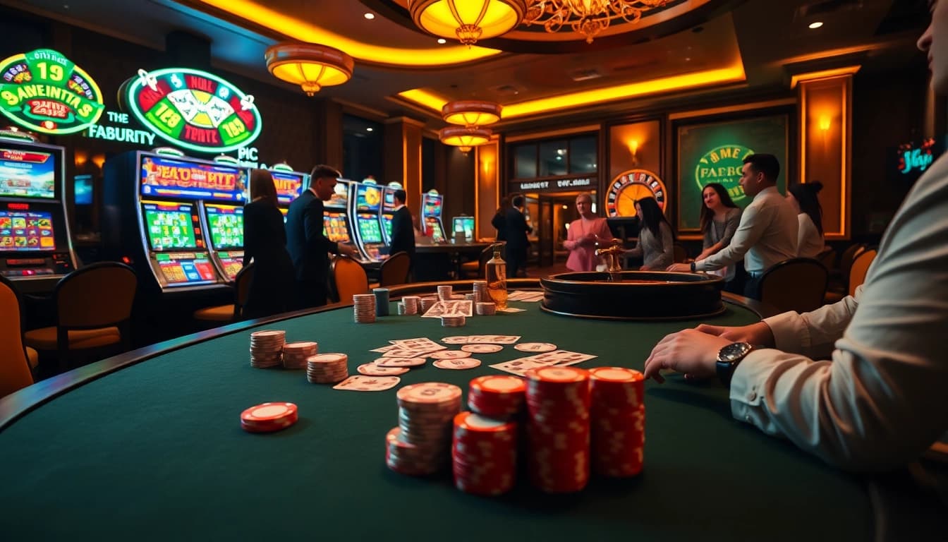 Excited players enjoying a high-stakes game at rr88.com casino, featuring elegant poker tables and vibrant slot machines.