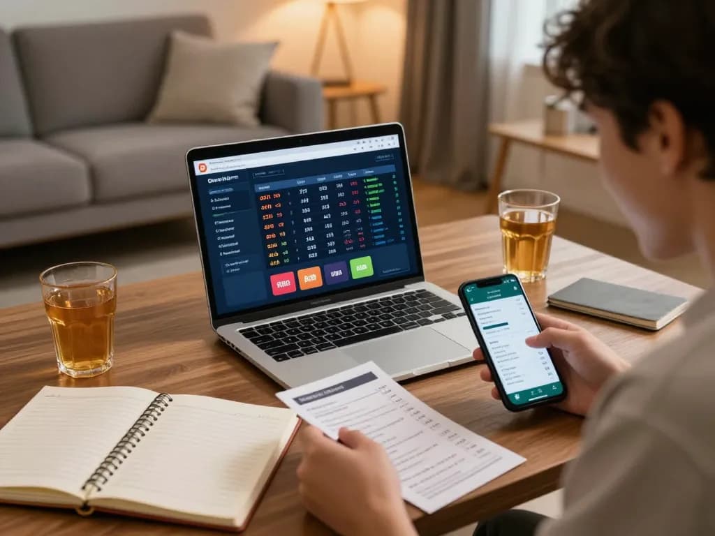 Placing bets on fabet using a sleek laptop and mobile device in a cozy home environment.